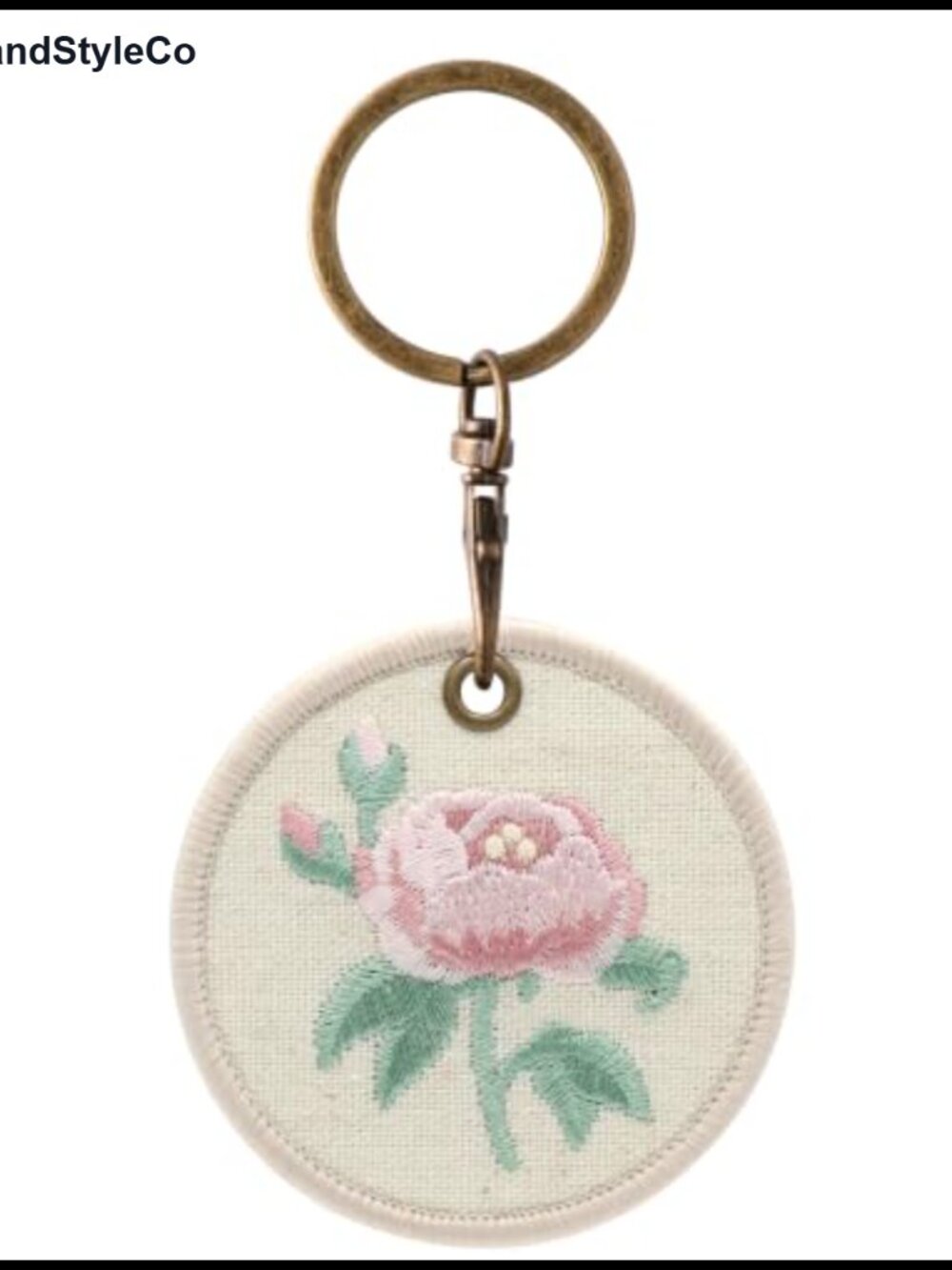 Round Linen Embroidered Floral Keychain Bag Charm